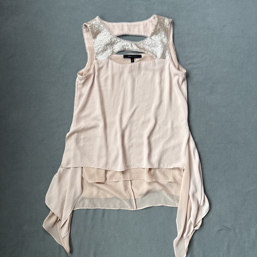 BCBGMaxazria Top Womens XS Light Pink Sequin Hi Lo Y2K Lined Sleeveless Preppy‎